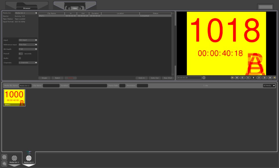 The Video ingest panel above the Media Bins